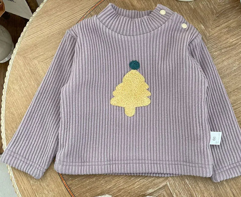 長袖Tシャツ purple / 66cm / 取り寄せ(7〜21日) ベビー長袖Tシャツ 裏フリースカットソー クリスマスツリー刺繍トップス 2カラー ユニセックス 男の子 女の子 子供服