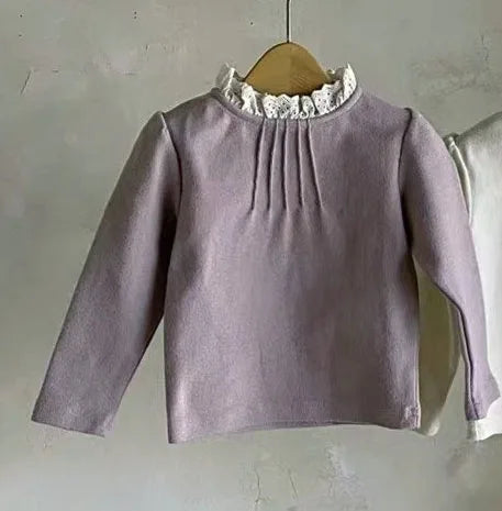 長袖Tシャツ Purple / 66cm ベビートップス 長袖Tシャツ ピンタックレース 長袖ブラウス ベージュ/パープル/2カラー【mh0003914】