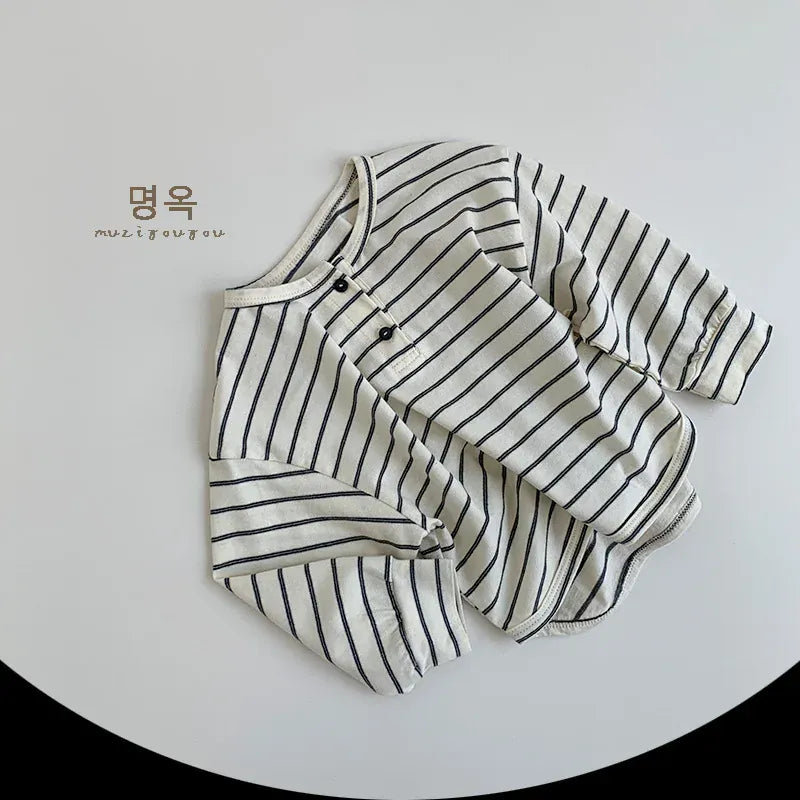 長袖Tシャツ キッズトップス 長袖ボーダーヘンリーネックTシャツ シンプルベーシック