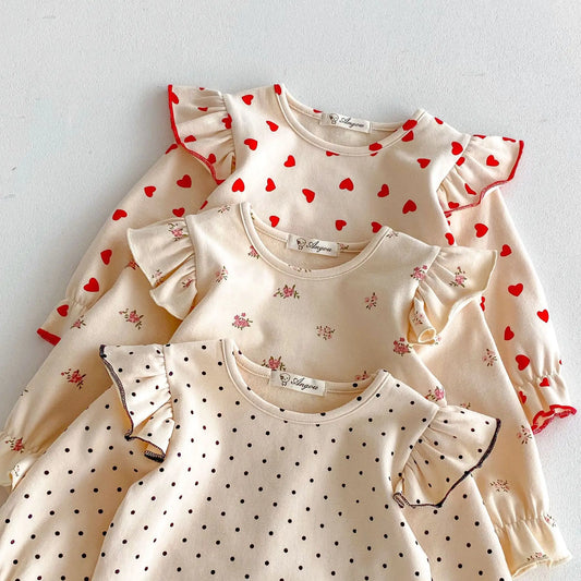 長袖Tシャツ キッズトップス 長袖ショルダーフリルTシャツ ハート/フラワー小花柄/水玉ドットプリント