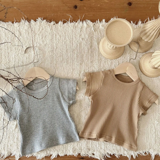 半袖Tシャツ ベビートップス リブ Tシャツ 無地 新生児 幼児 男女兼用 コットン オーシャンネック