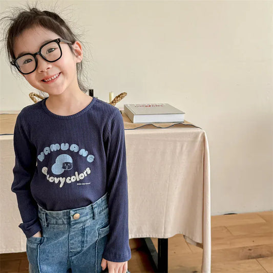 長袖Tシャツ キッズトップス レターロゴプリント長袖リブTシャツカットソー 2カラー