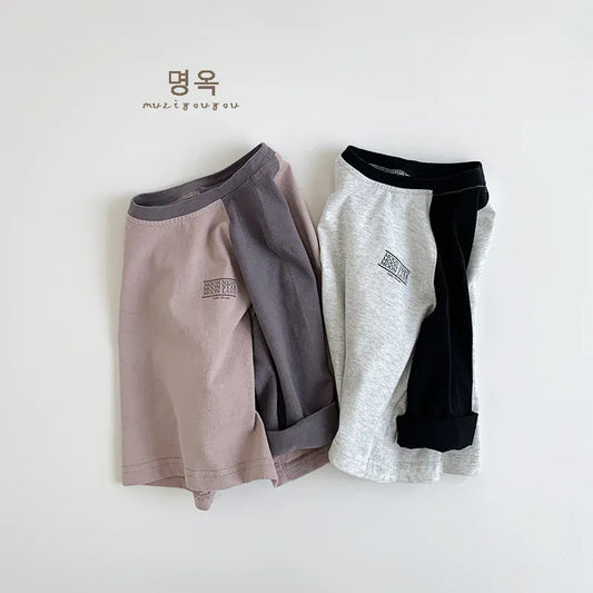 長袖Tシャツ キッズトップス 長袖ラグランパッチワークTシャツ 2カラー