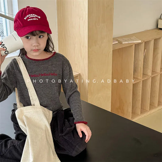 長袖Tシャツ キッズトップス 長袖Tシャツ レターロゴステッチ刺繍 2カラー