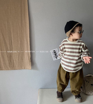 長袖Tシャツ キッズ 長袖Tシャツ ボーダーカットソー ルーズ トップス ブラック コーヒー 2カラー ボーイズ 男の子 子供服 6515C
