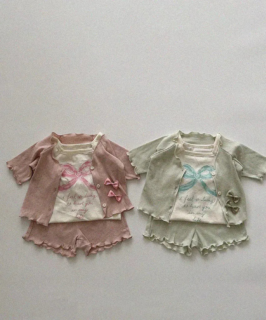 半袖Tシャツ ベビートップス ショートスリーブTシャツ リボンレターロゴプリント 2カラー【mh0005290】