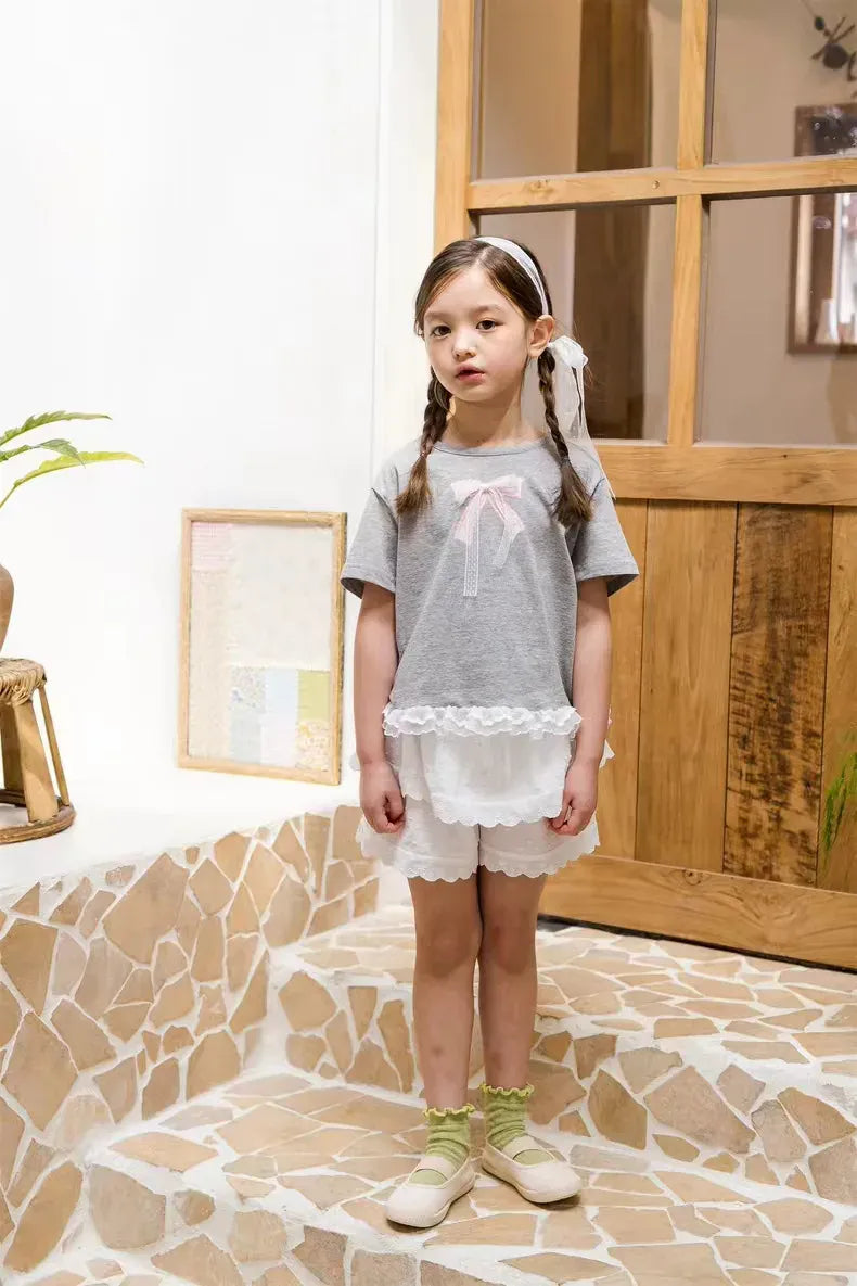 半袖Tシャツ ベビーキッズトップス 裾レースフリル半袖Tシャツ リボンプリント 2カラー【mh0005349】