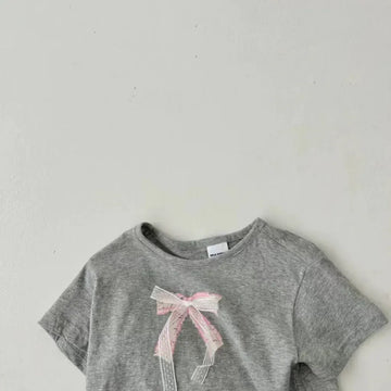 半袖Tシャツ ベビーキッズトップス 裾レースフリル半袖Tシャツ リボンプリント 2カラー【mh0005349】