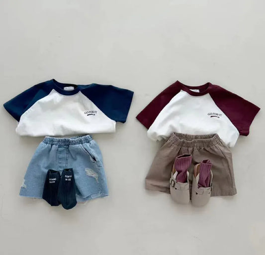 半袖Tシャツ ベビートップス 半袖パッチワークTシャツ ラグラン レターロゴプリント 2カラー【mh0005470】