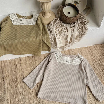 長袖Tシャツ ベビートップス レーススクエアネック長袖Tシャツカットソー 2カラー【mh0006700】