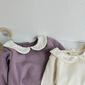 長袖Tシャツ ベビートップス フラワー刺繍丸襟長袖Tシャツブラウス 2カラー【mh0006702】