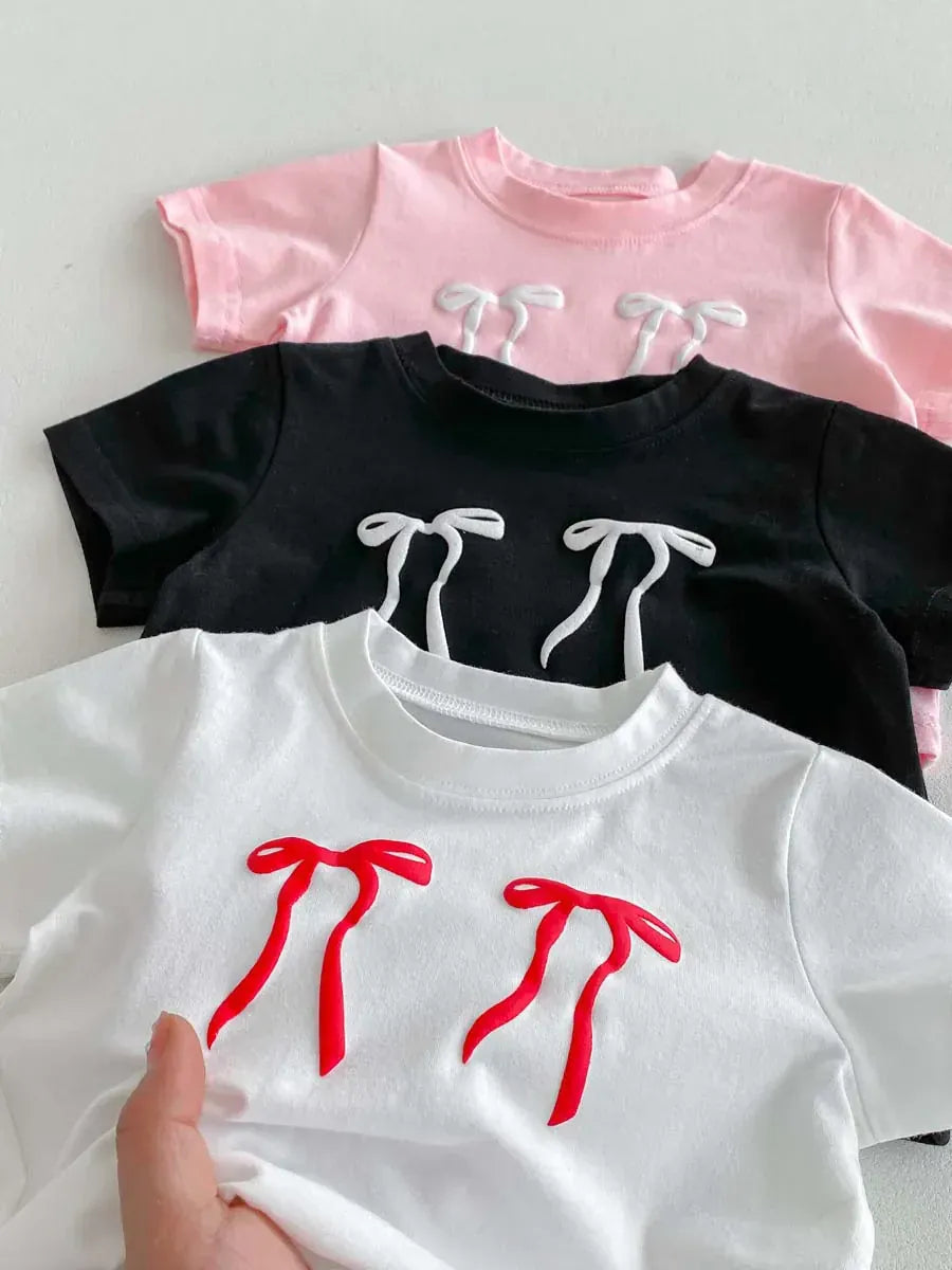 半袖Tシャツ キッズトップス 半袖Tシャツ ダブルリボンプリント 3カラー