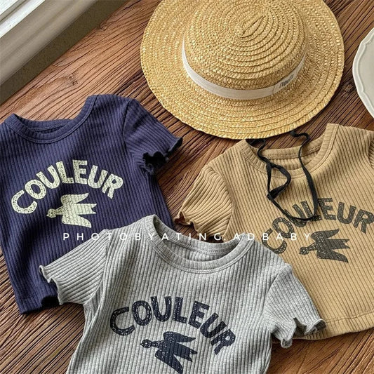 半袖Tシャツ キッズトップス 半袖リブTシャツ レターロゴプリント 3カラー