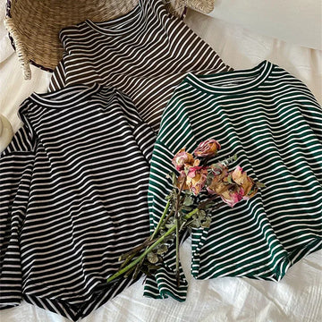 長袖Tシャツ キッズトップス 裾変形 アシメデザイン ボーダー柄長袖Tシャツ 3カラー
