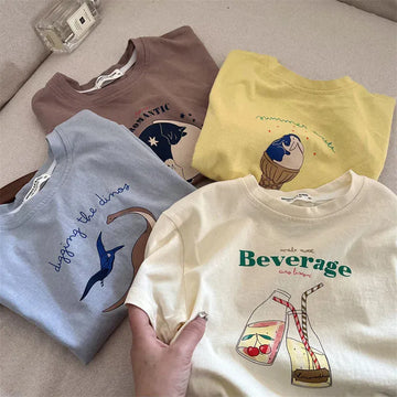 半袖Tシャツ キッズトップス 半袖プリントTシャツ ダイナソー/ネコ/アイスクリーム/ドリンク 4カラー