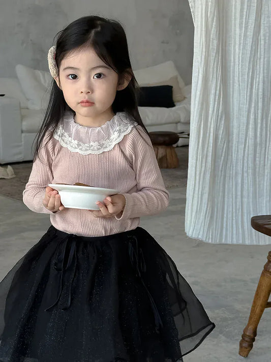 長袖Tシャツ キッズトップス レース襟リブ長袖Tシャツカットソー 4カラー【mh0006854】