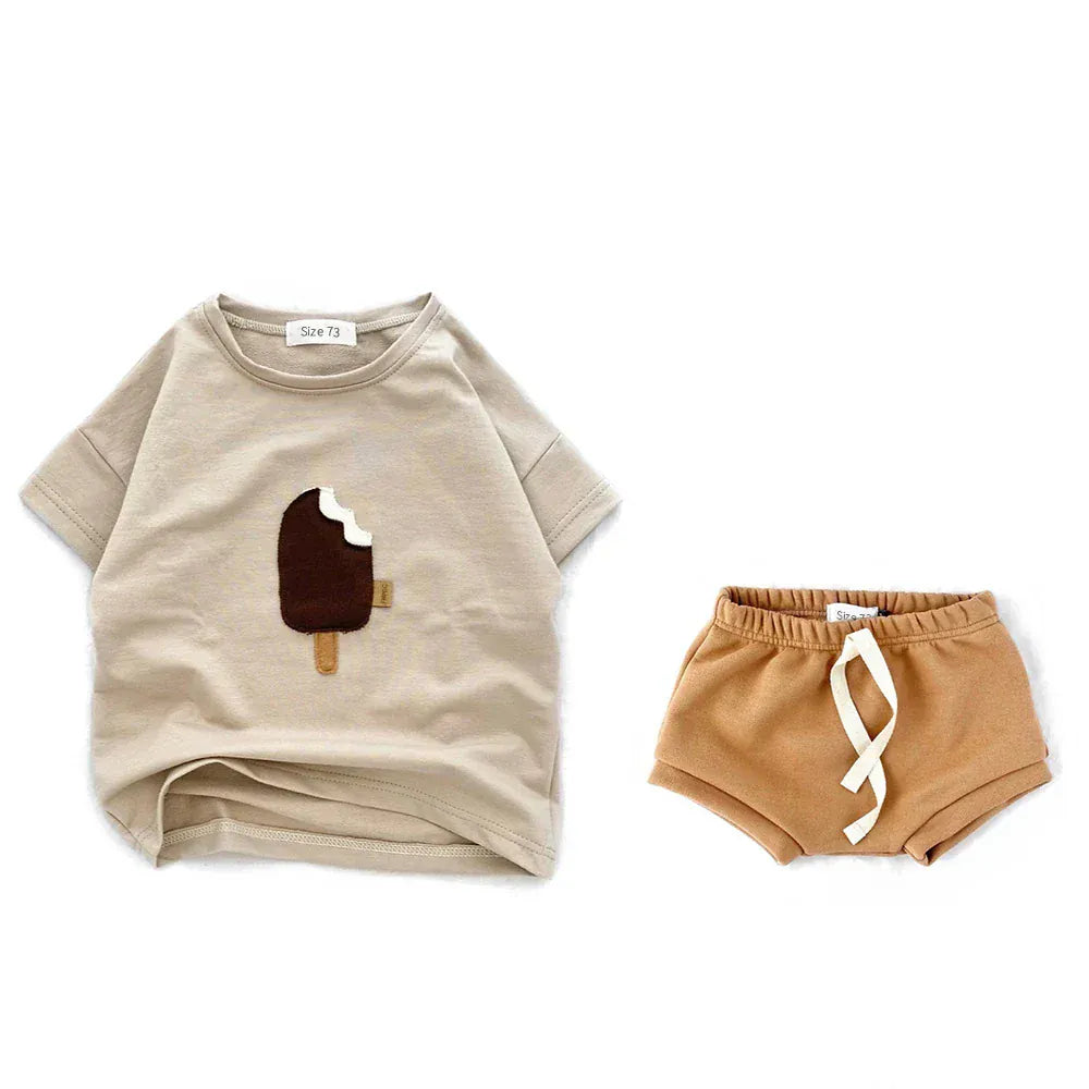 ベビー用半袖Tシャツ&ハーフパンツセット ベージュ、アイスのアップリケ