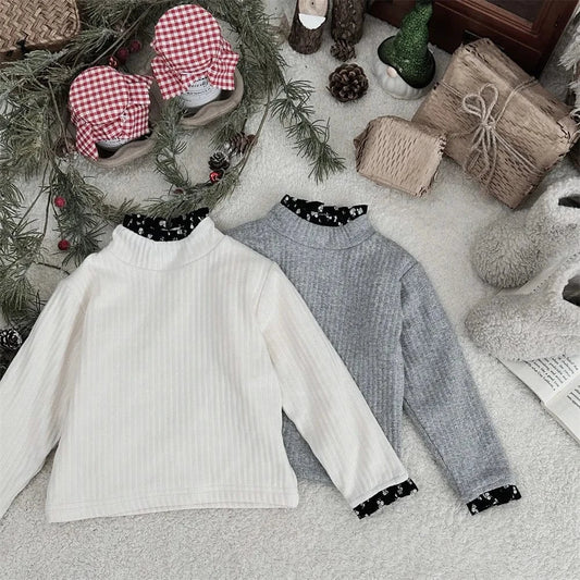 長袖Tシャツ ベビートップス フラワープリントアクセント裏フリースハイネック長袖Tシャツ【mh0007723】