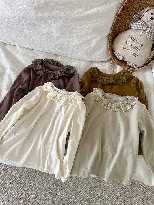 長袖Tシャツ キッズトップス ラッフルレース襟長袖Tシャツ【mh0008241】