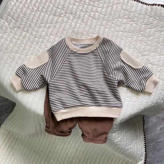 長袖Tシャツ ベビートップス ボーダー肘パッチ長袖Tシャツ【mh0008267】