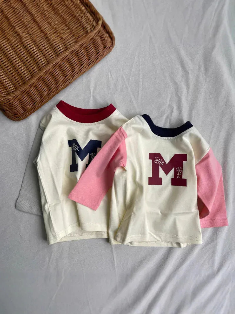 長袖Tシャツ ベビートップス ロゴプリントラグランパッチワーク長袖Tシャツ【mh0008841】