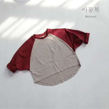 長袖Tシャツ キッズトップス 長袖Tシャツ ラグランTシャツ パッチワーク レッド グリーン 2カラー