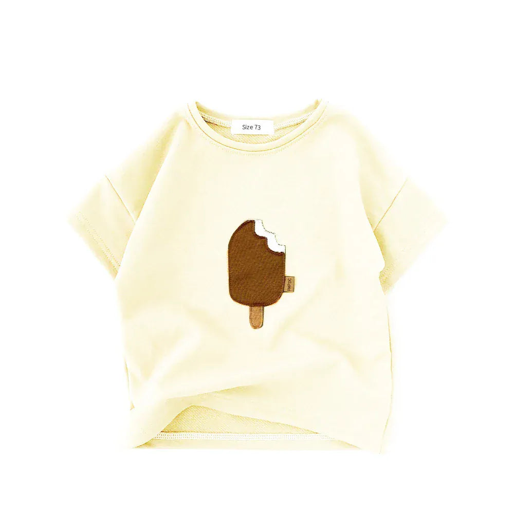 ベビー用半袖Tシャツ クリームイエロー、アイスの刺繍アップリケ