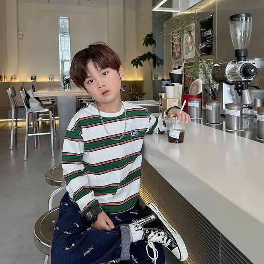 長袖Tシャツ White / 90cm 24M キッズトップス レトロ太ボーダー長袖Tシャツ【mh0008797】