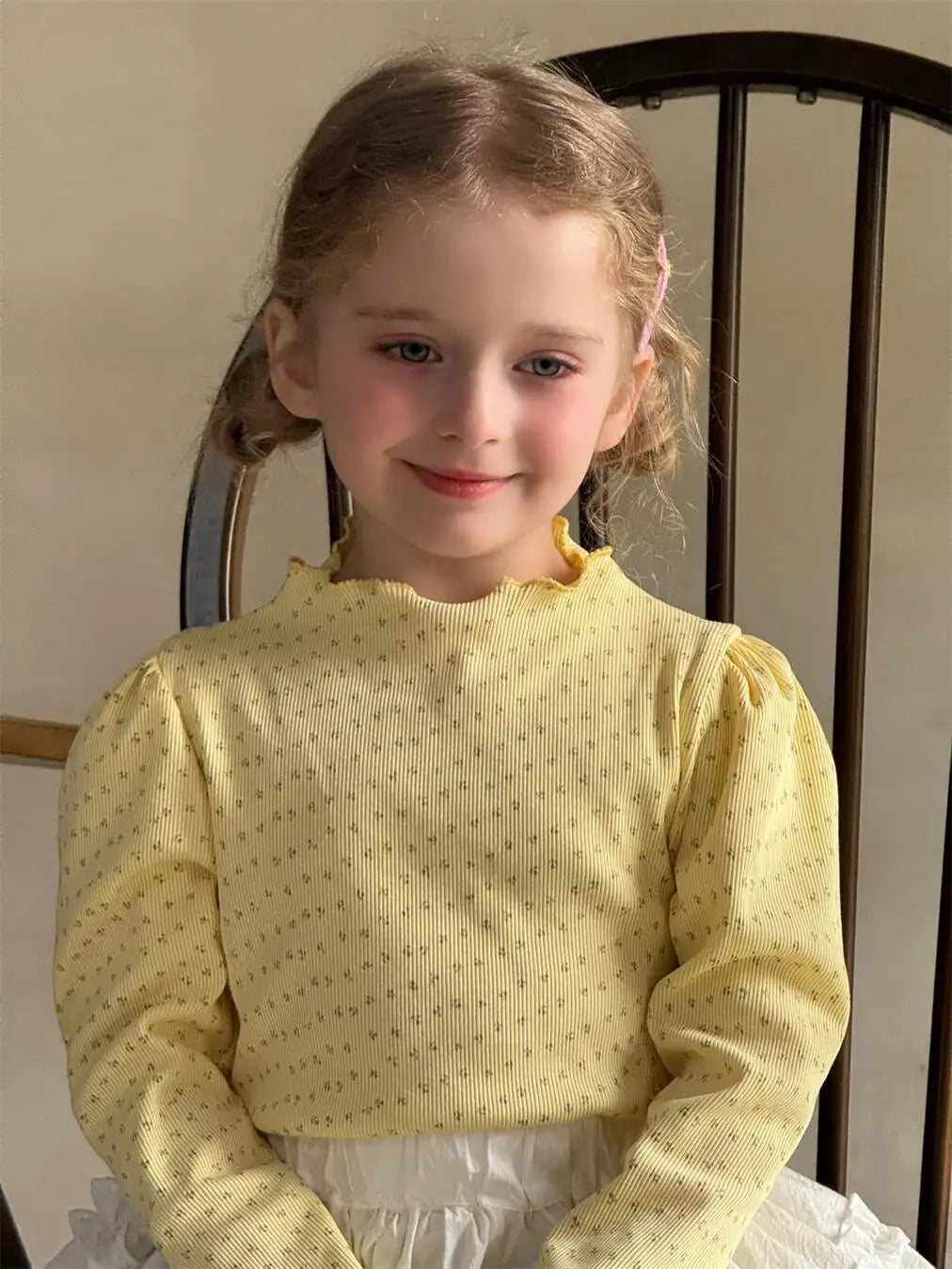 長袖Tシャツ yellow / 2T (90) キッズトップス フラワー小花柄ハイネック長袖パフスリーブカットソーTシャツ【mh-0008895】