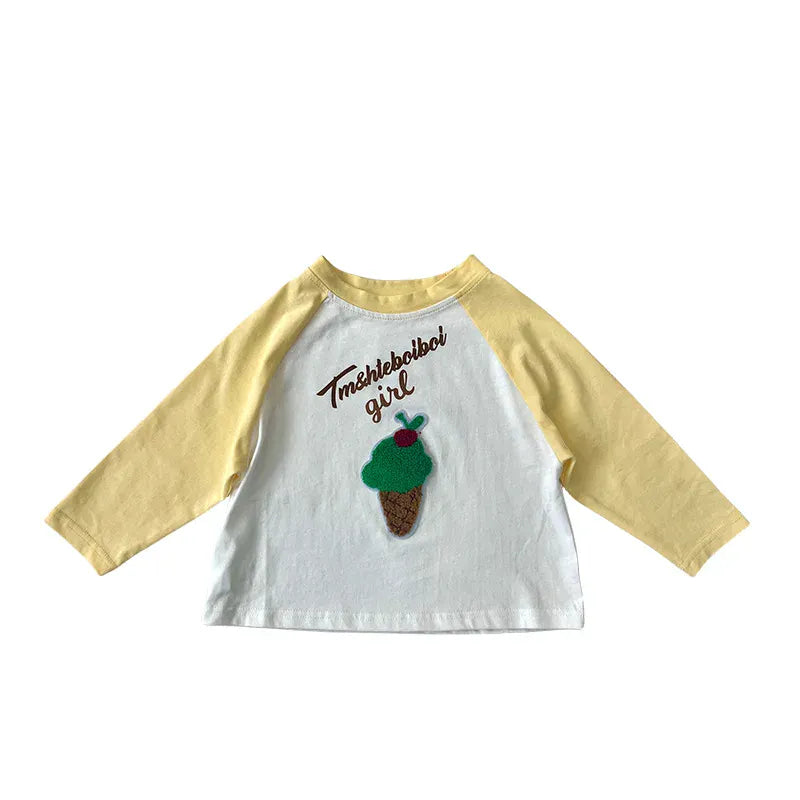 長袖Tシャツ yellow / 90cm キッズトップス 長袖Tシャツ ロンT ラグランパッチワーク ポップコーンケーキバナナ刺繍 4カラー