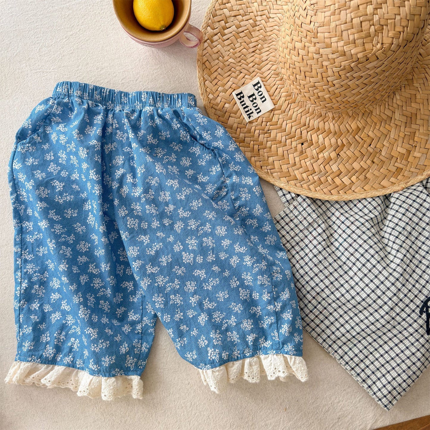 小花柄 裾レース アンクル丈 ルーズパンツ【mh0013723】 Blue / 80cm ADbaby ロングパンツ・スウェットパンツ