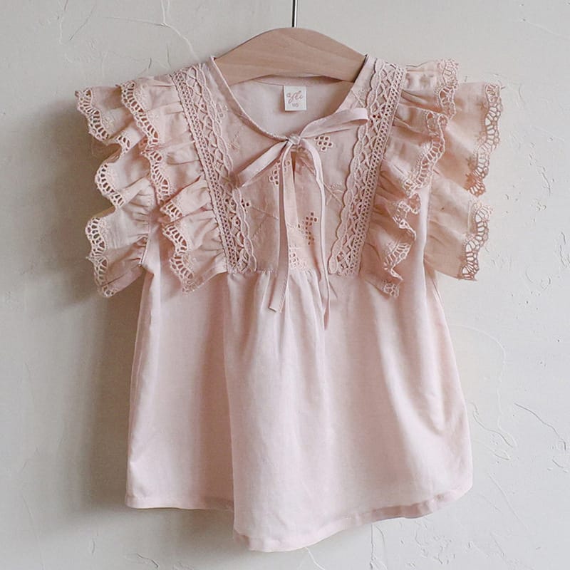レースフリルディテール ラウンドネック フリルスリーブ ブラウス【mh0013724】 Pink / 90cm Strawberry Coral 半袖シャツ・ブラウス