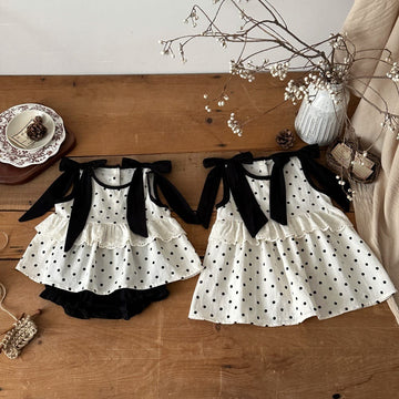 ドット リボン レースカラー ノースリーブ チュニック ショートパンツ セット ワンピース【mh0013795】 mamahalo kids ノースリーブセットアップ