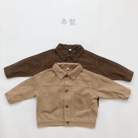 キッズ用ネルジャケット 無地フラップポケット ルーズタイプ(ダークコーヒー/ベージュ)