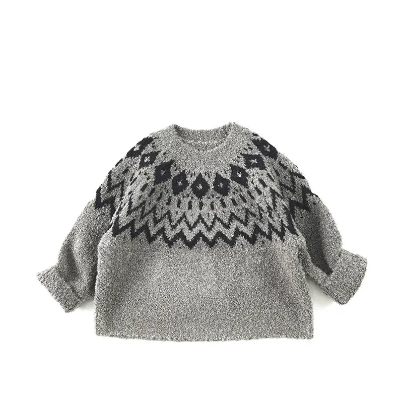 キッズ用グレーニットセーター背面、ノルディック柄と丸首