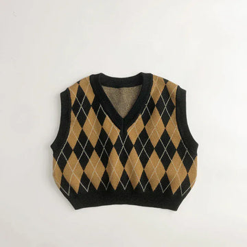 ノースリーブセットアップ vest / 80cm キッズベスト ハーフパンツ アーガイルチェック ニットベスト ニットパンツ【mh0004203】