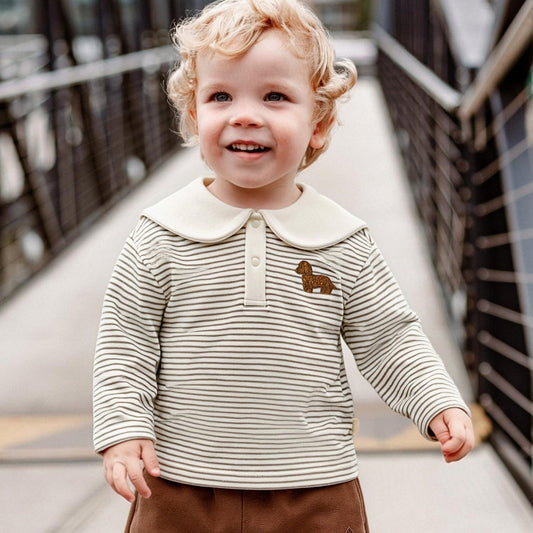 mua qiaqia | Striped Fox Embroidered Polo ボーダー フォックス刺繍 ポロシャツ【mh0020143】 Coffee bar / 73CM mamahalo shop