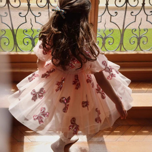 半袖ワンピース スパンコールリボン/レインボーチュール半袖ドレスワンピース【mh0009411】