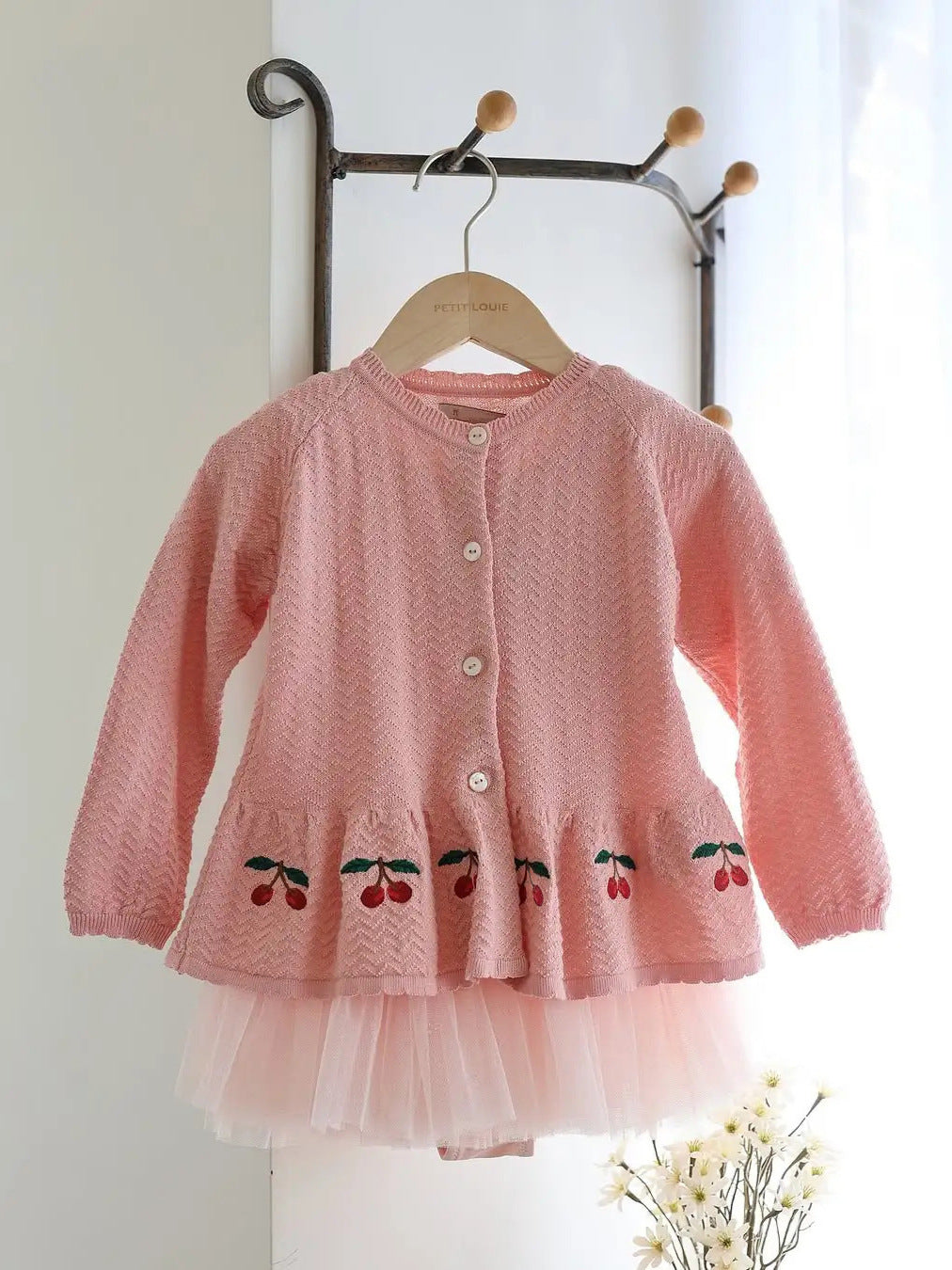 カーディガン・パーカー ペプラムカーディガン さくらんぼ 刺繍 女の子 ニット アウター【mh0011559】