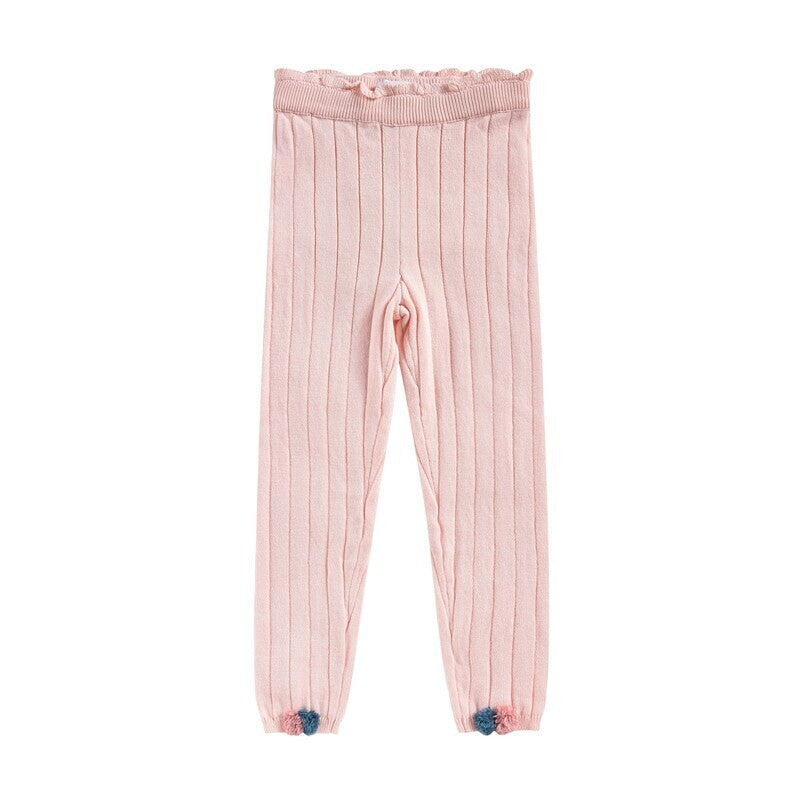レギンスパンツ Pink / 80cm ニットレギンス ラッフル ポンポン付き キッズ 女の子 ボトムス【mh0011569】