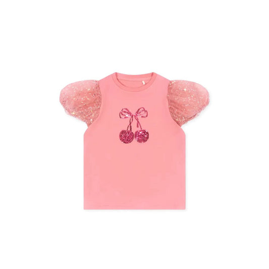 半袖セットアップ スパンコールチェリー半袖パフスリーブTシャツ/チュールスカート【mh0009414】