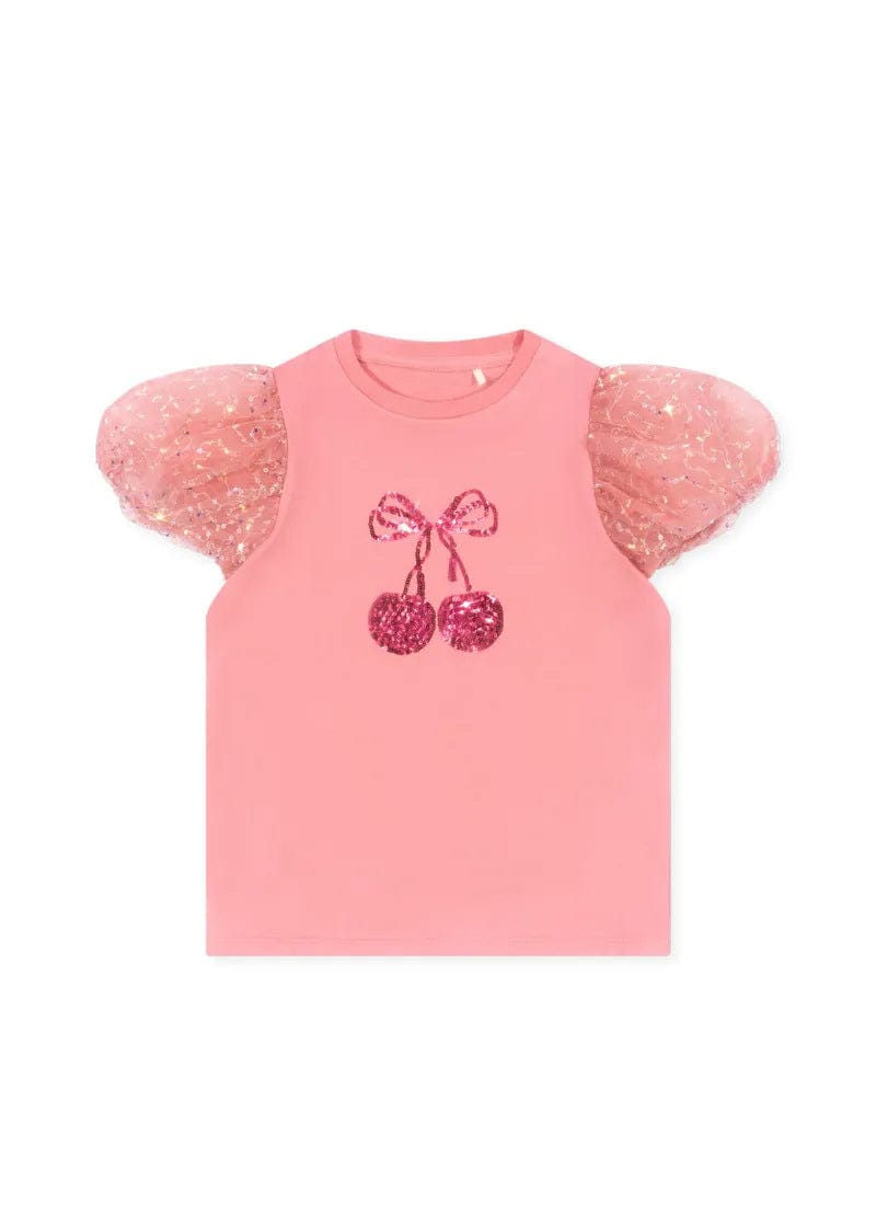 ピンク半袖Tシャツ、ふんわりパフスリーブとチェリースパンコール