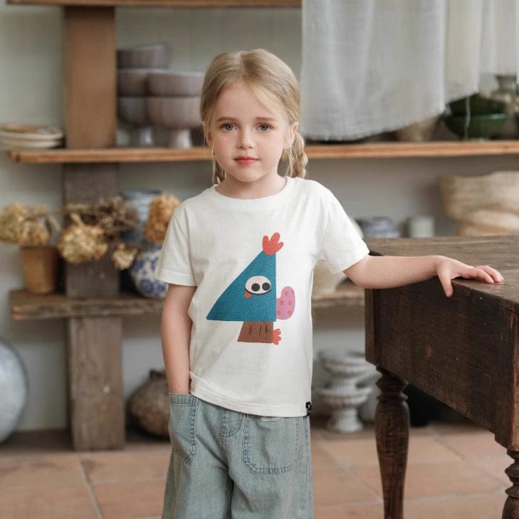白の半袖Tシャツ、フロントに水色の鳥プリント