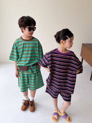 Multi Stripe Drop Shoulder Loose Set マルチボーダー 半袖Tシャツ ハーフパンツ セット【mh0013521】 KUMAI.KIDS 半袖セットアップ