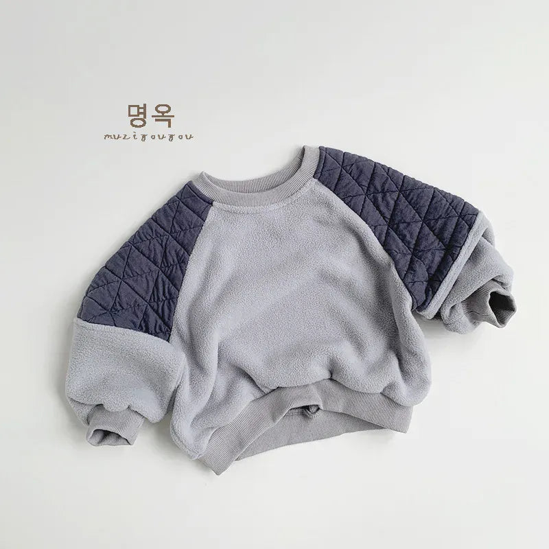 トレーナー・フーディ Blue Gray / 80cm 12M キッズトップス 裏フリースキルティングパッチワーク長袖スウェットトレーナー【mh0008400】