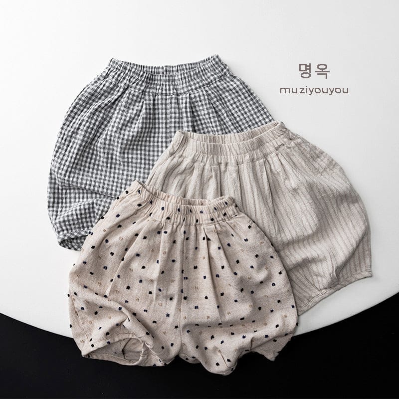 ギンガムチェック・ストライプ調ベージュ・ドット柄の子ども用ショートパンツ3枚セット