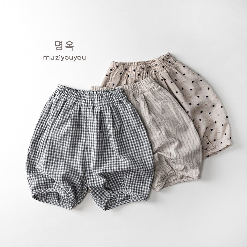 チェック柄とドット柄の子ども用ショートパンツ2枚セット、総ゴムウエスト