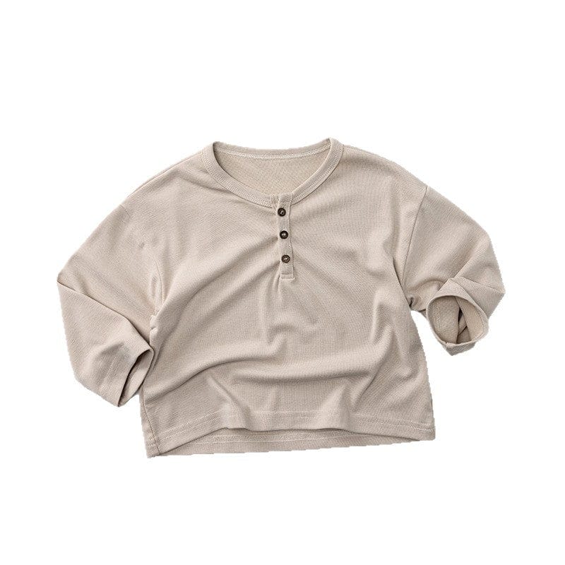 ヘンリーネックのライトベージュ長袖Tシャツ、ボタン開き
