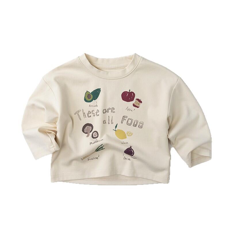 生成り色の長袖Tシャツ、前面にフード風のカラフルプリント