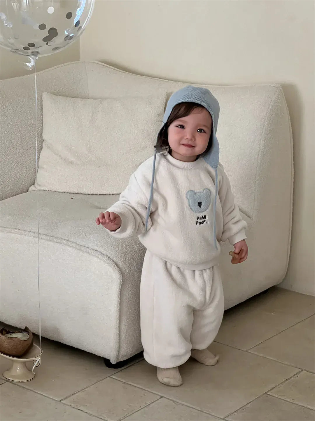 長袖セットアップ ベビーセットアップ 2点セット ベアくまアップリケボアフリース長袖プルオーバー+ロングパンツ【mh0007815】